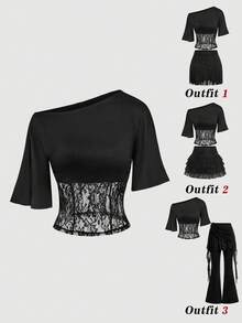 SHEIN MOD Áo nữ màu trơn phối ren, kiểu dáng bất đối xứng vai, thích hợp cho lễ hội, đi biển, mặc hàng ngày, phong cách Boho, Y2K, đi chơi, kiểu miền Tây, áo ren đen, áo dự tiệc, đi biển, thời trang đường phố, phong cách đồng quê, áo vintage, mùa xuân/hè, áo hai kiểu, áo đen, áo gợi cảm, lễ tình nhân, mùa xuân, kỳ nghỉ hè, áo đi chơi, áo Y2K. - màu đen - Xem 2