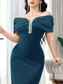 Feyla Women's Rhinestone Decor Ruched Off Shoulder Fitted Elegant Dress - Lake Blue - View 6
