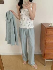 SHEIN 4件套女童褶皱面料印花休闲无袖上衣、翻领开衫、松紧腰短裤家居服套装 - 綠色 - 查看 4