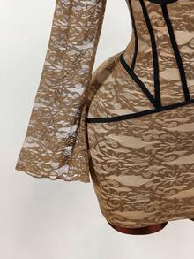 Amplova 大码时尚性感蕾丝喇叭袖修身连衣裙 - 棕色 - 查看 6