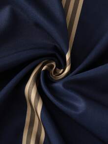 SHEIN Holidaya Cross-Wrap Cinched Waist V-Neck Blue & Yellow Striped Dress For Women, Vacation - Navy Blue - View 3