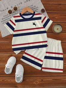 3套幼儿休闲条纹/卡通熊骑士印花短袖短裤套装，非抓绒材质，舒适百搭，适合日常外出，春夏皆宜 - 彩色 - 查看 4