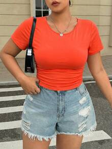 SHEIN EZwear 大码腰部褶皱松紧带T恤 - 橘色 - 查看 1