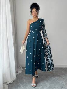 Al Najma Women's Floral Print Dress With Elegant Long Sleeve & One Shoulder Design - Multicolor - View 6