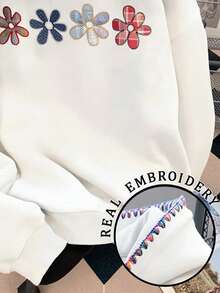 Resyla Women's Floral Pattern Drop Shoulder Long Sleeve Casual Loose Sweatshirt Sweatshirt - White - View 5