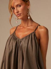 COSMINA V-Neck Camisole, Asymmetrical Hem, Ruched Design, Loose Fit, Women's Summer Camisole Top, Summer Holiday Cami Top, Brown Cami Top, BOHO Style, Best For Beach Vacation - Brown - View 6