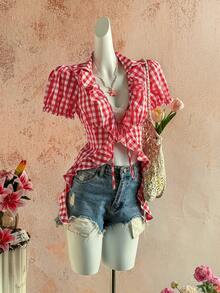 Sunnyshic Women's Red & White Plaid Frill Trim Front Tie Deep V-Neck Puff Sleeve Blouse - Red - View 5