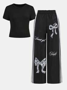 少女T恤套装，柔和配色，舒适贴身，适合上学、玩耍、旅行和日常穿着，春季必备 - 黑色 - 查看 12