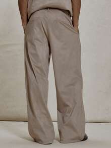 Musero 阔腿宽松版型褶裥纽扣腰带环细节麂皮长裤 冬季必备 - 卡其色 - 查看 4