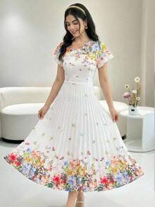 SHEIN 少女优雅褶皱长裙，通勤风格 - 白色 - 查看 1