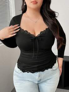 Vibekara 大码V领花卉拼接长袖纽扣腰荷叶边优雅复古休闲可爱性感度假T恤，秋冬款 - 黑色 - 查看 3