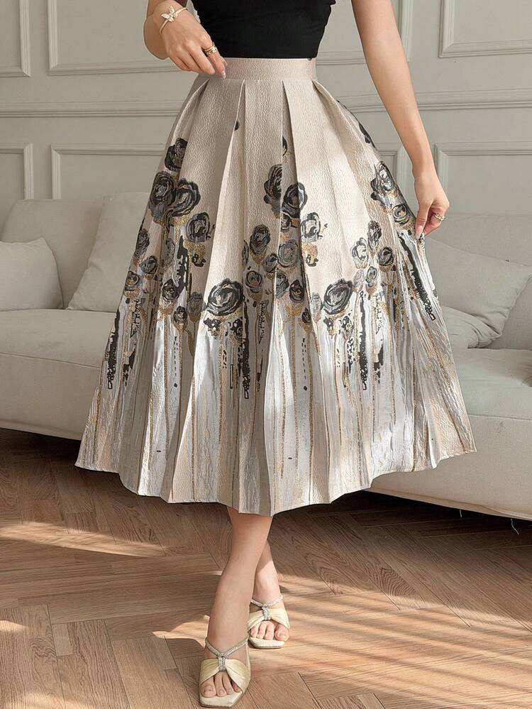Women's Elegant Printed Pleated Skirt, Spring/Summer,Wedding Guest Skirt Women
