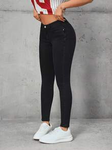 SHEIN Tall Tall Women's Fashion Casual Mid/Low Waist Skinny Slim Fit Jeans - Black - View 3