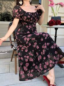 DAZY Sommarklänning i chiffong med blommig puffärm 2024, midja åtsittande, bantande fransk romantisk stil - Svart - Visa 4