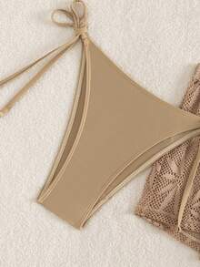 Swim SXY Conjunto de bikini de punto de textura de fondo con nudo de hoja sólida marrón para fiestas y vacaciones, falda de playa sexy para Año Nuevo, traje de baño elegante inalámbrico de verano para mujeres - Camel - Ver 8