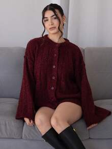Andrea Bello Oversized Strickjacke mit Knöpfen und Dropped Shoulder, süßer Streetwear-Stil für Herbst, Bauernhaus, Land, Vintage, Herbst, Büro, Abendparty, elegant, Frühlingspullover - Bordeaux - Übersicht 4