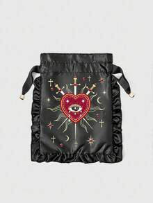 ROMWE Grunge Punk Heart & Cross Print Travel Drawstring Pouch, Portable Makeup Bag, Gift - Black - View 1