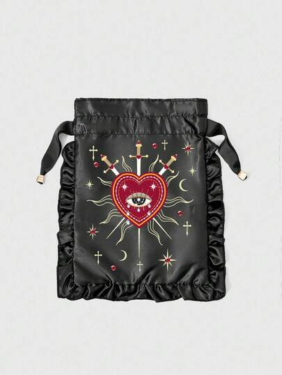 ROMWE Grunge Punk Heart & Cross Print Travel Drawstring Pouch, Portable Makeup Bag, Gift