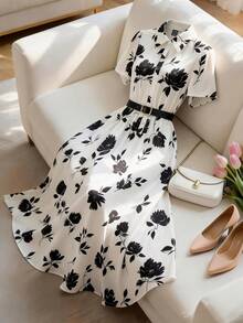 Franclia Women's Floral Print Dress, Collared Button-Front Dress, Spring/Summer - Black and White - View 1