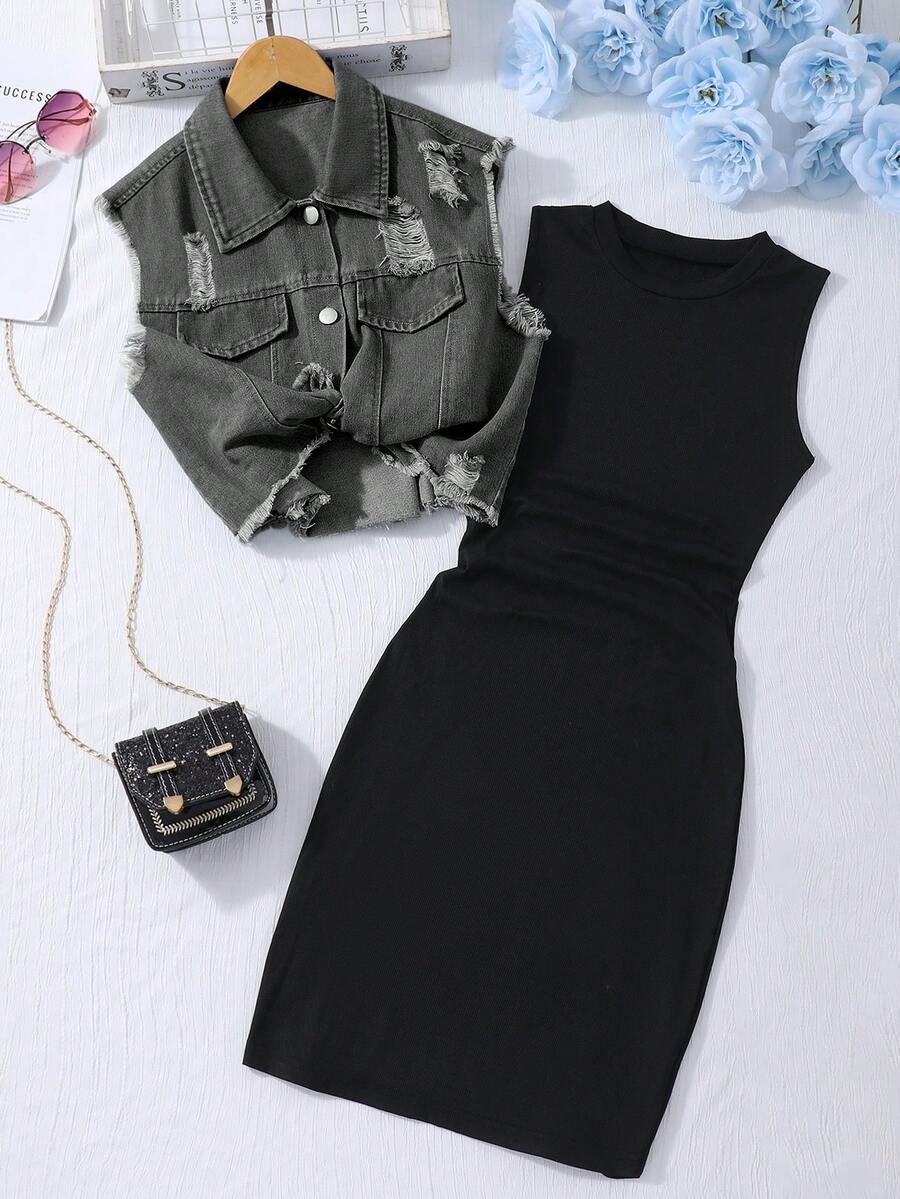 SHEIN 2pcs/Set Tween Girls Black Knit Camisole Dress With Fringe Denim Vest, Casual Commuter Outfit - Black - View 1