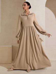 Graceveil Đầm nữ màu trơn cổ bẻ, khóa kéo, cài khuy nửa thân, tay phồng, kiểu dáng thường ngày, thích hợp cho tiệc tùng. - Màu Khaki - Xem 4