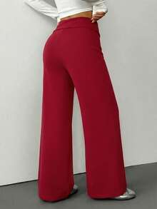 SHEIN PETITE Quần thể thao nữ màu trơn, cạp gập, ống rộng, dáng suông, thoải mái, dễ phối đồ mặc nhà mùa thu đông, quần đỏ nữ, quần ống rộng màu đỏ, quần palazzo ống rộng. - Màu Đỏ Sâu - Xem 2