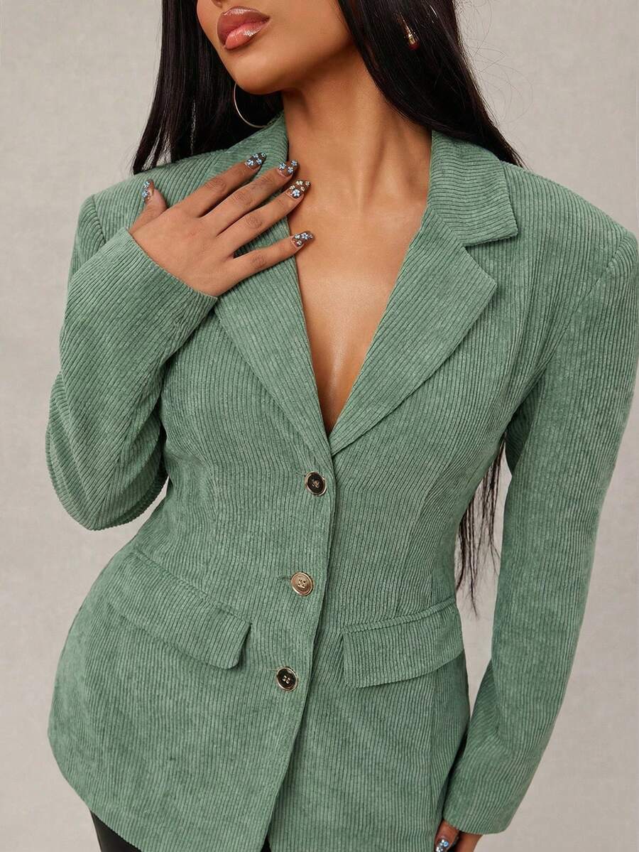Radiana Set elegante vintage da pendolare in velluto a coste verde - blazer aderente + gonna a vita bassa 2 pezzi (inclusi i cuscinetti per le spalle), set elegante francese per appuntamenti, feste, vacanze, occasioni formali - Verde - Visualizzare 1