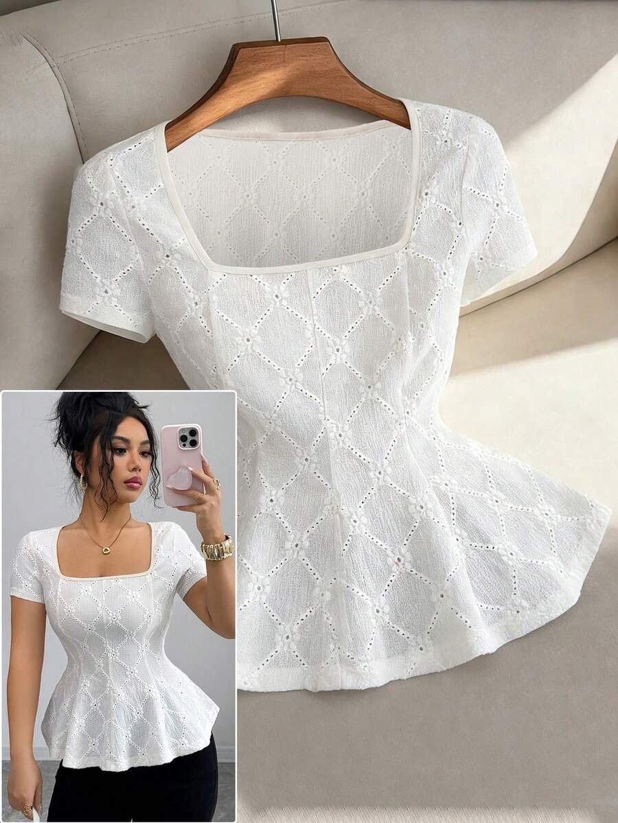 Elenzga New Summer Textured Knit Jacquard Fabric Unique Elegant Elegant Square Neck Waist Slimming Ruffle Hem Casual Daily Versatile Short Sleeve Spring Women T-Shirt - Apricot - View 1