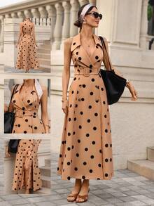Editum 女士优雅法式/度假/通勤波点翻领双排扣腰身连衣裙，无袖A字连衣裙，春夏连衣裙，女士优雅连衣裙，休闲女装，嘉年华服装，夏季波点连衣裙，女士优雅波点连衣裙，女士度假连衣裙，夏季优雅连衣裙，无袖波点连衣裙，夏季服装，波点连衣裙，女士复古连衣裙，女士复古连衣裙，中长连衣裙，波点连衣裙，波点中长连衣裙 - 彩色 - 查看 7