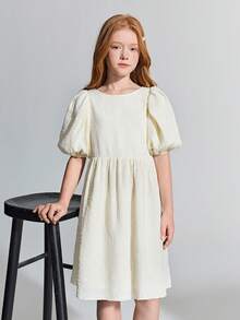 Maija Kids Maija Kids 少女杏色提花圆领泡泡袖优雅连衣裙 - 杏色 - 查看 6