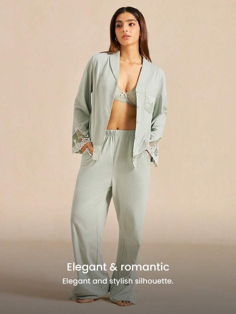 Conjunto de pijama de ropa de dormir de algodón 100% puro suave con pantalón y top con botones y adorno de encaje de lujo