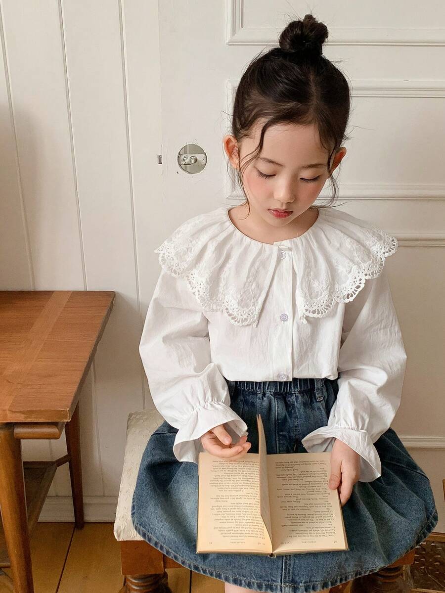 DAZY 女童（小号）蕾丝圆领长袖衬衫，春秋季 - 白色 - 查看 1