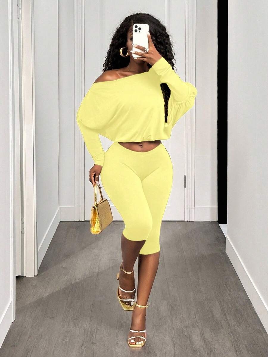 BamGleam Sexy Asymmetrical Shoulder Cinched Waist Long Sleeve Crop Top And Pants Set - Light Yellow - View 1