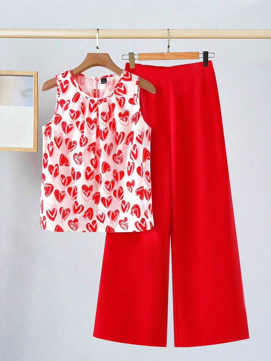 SHEIN Clasi Women's Elegant Heart Print Shirt & Wide Leg Pants 2 Pieces Set, Valentine's Day Outfit Spring To Summer  Summer Outfits For Women Valentine's Day   Carnival Costume  Vacation Outfits Women Pants And Top Set Wide Leg Pants Set Blouse And Pants Set Summer Pants Sets Heart Print Top - Red and White - View 1