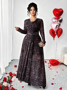 Elenzga Plus Size Women Elegant Leopard Print Cinched Waist Long Sleeve Dress, Autumn - Multicolor - View 5