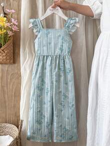 Vintaside Kids 1 pieza Mono vintage de corte slim con estampado único de cerezas, adecuado para verano al aire la escuela - Verde - Ver 3