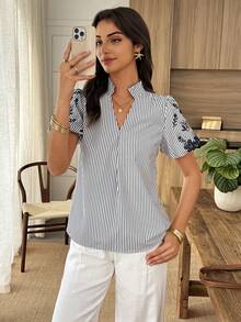 Elouméa Women's Casual Ruffle Decor Round Neck Striped Print, Embroidered Sleeve Loose Blouse, Suitable For Daily Wear And Vacation - Yellow - View 4