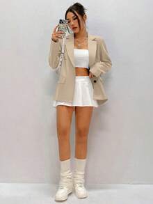 Flirla Women Plain And Simple Daily Lapel Blazer Jacket - Khaki - View 6