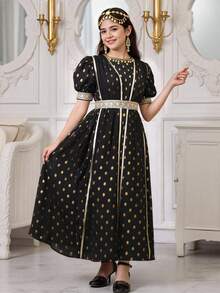SHEIN Teen Girl Summer New Thin Hot Stamping Polka Dot Short Sleeved Elegant Vacation Waist Cinching High-End Feeling Retro Dress Showing Ladylike Medium Long Skirt - Black - View 3