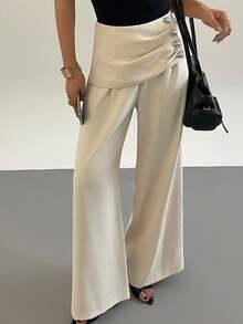 DAZY Women's Casual Metal Buckle Pleated Commuter Pants - Beige - View 4
