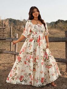 Ceyna Chic Plus Size Boho Long Dress Multicolor Random Floral Print Square Neck Half Puff Sleeve Flounce Hem - Multicolor - View 1