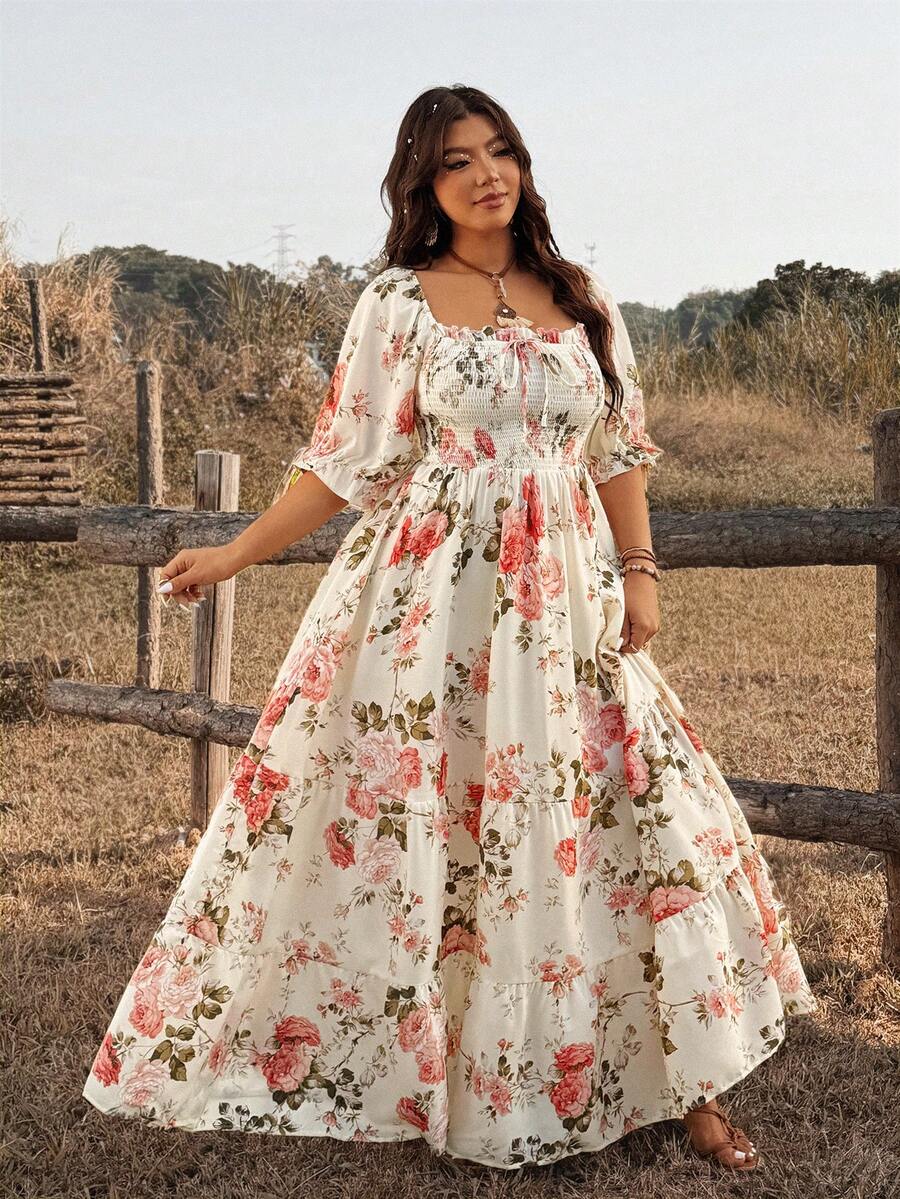 Ceyna Chic Plus Size Boho Long Dress Multicolor Random Floral Print Square Neck Half Puff Sleeve Flounce Hem - Multicolor - View 1