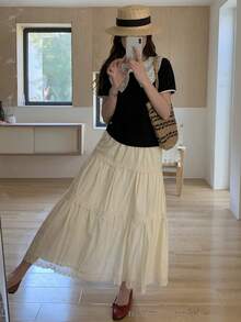 DAZY 女士蝴蝶结装饰针织翻领短袖T恤 - 黑色 - 查看 6