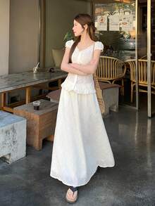 DAZY 女士V领蕾丝休闲韩版衬衫+半裙两件套 - 白色 - 查看 5