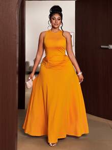 Maweii Đầm không tay cỡ lớn dành cho nữ, màu cam rực rỡ mới cho mùa xuân/hè, eo thắt dây, kiểu dáng suông xếp ly. Thích hợp cho các bữa tiệc mùa hè, kỳ nghỉ, dạo phố, lễ hội âm nhạc, thời trang tối giản dành cho phụ nữ cỡ lớn. - trái cam - Xem 1