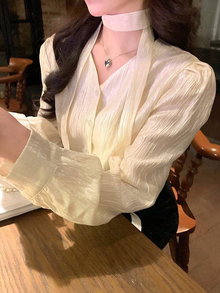 DAZY Women's Autumn French Style V-Neck Halter Ribbon Shiny Loose Casual Versatile Long Sleeve Blouse Spring - White - View 1