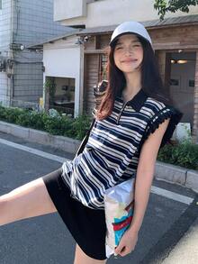 DAZY Women's Polo Collar Striped Casual Short Sleeve T-Shirt - Blue - View 6