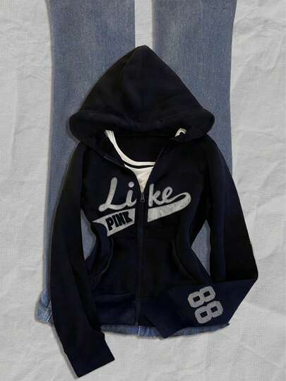 Glimmora Standard Size Women's Long Sleeve Hooded Fashionable Letter Graphic Sweatshirt Sweatshirt