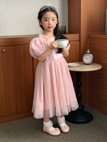 DAZY Young Girls Round Neck Floral Mesh Patchwork Formal Party Birthday Dress - Pink - View 3