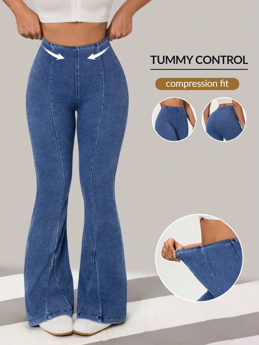 Flexra 女士纯色修身中腰休闲喇叭牛仔裤 - 藍色 - 查看 1